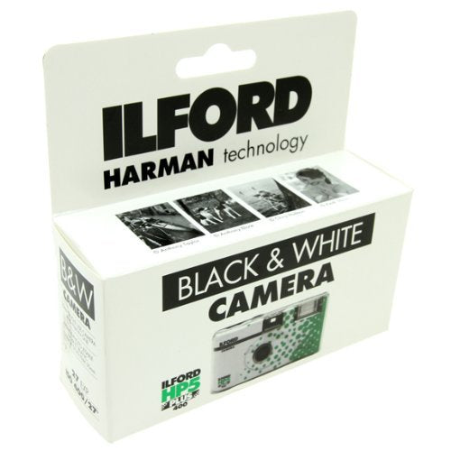Ilford front view of single-use HP5+ camera with flash showing ready-to-shoot convenience