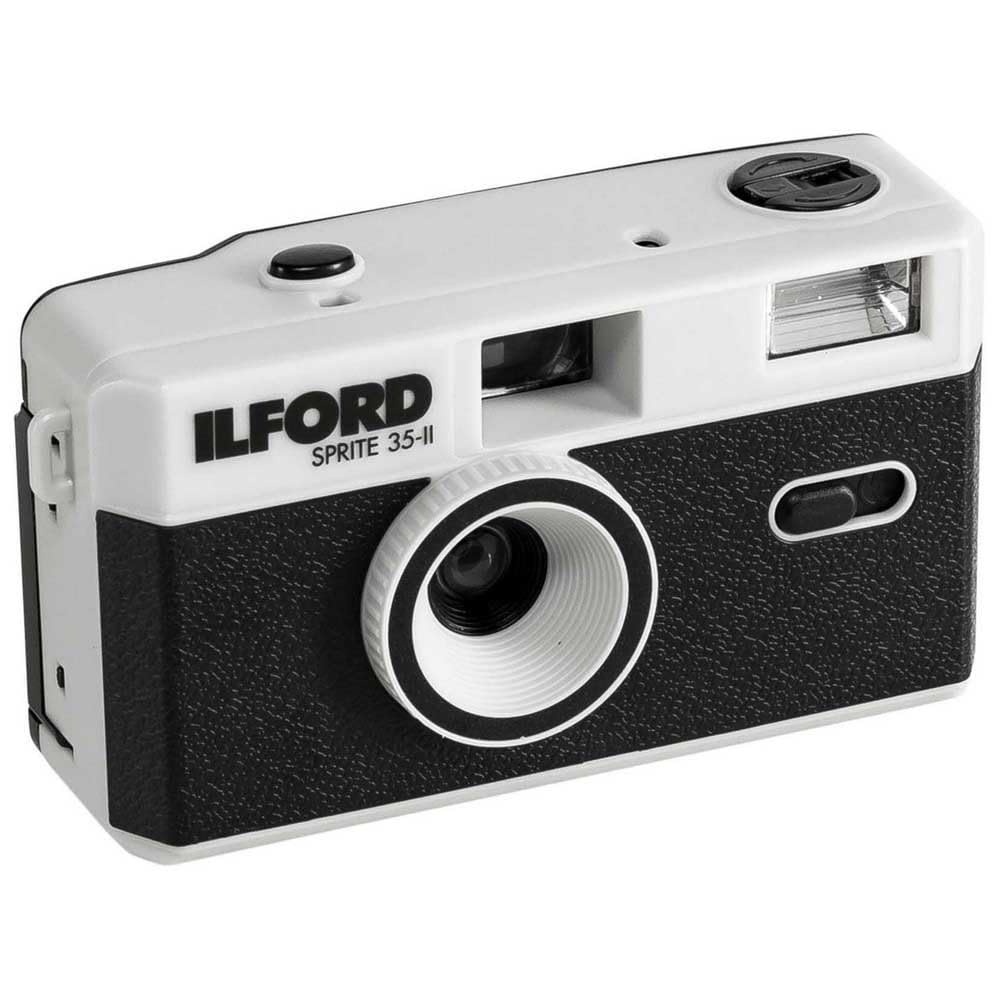 Ilford Sprite 35-II front view showing compact black and silver body, easy portability benefit