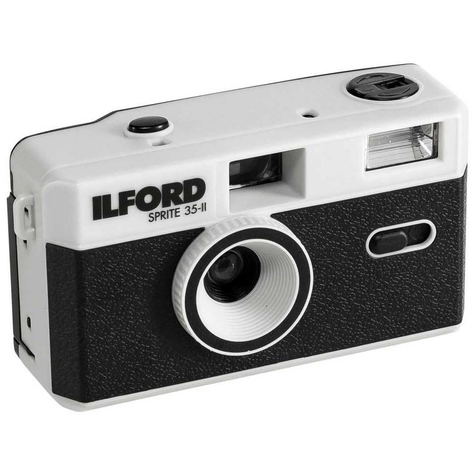 Ilford Sprite 35-II front view showing compact black and silver body, easy portability benefit