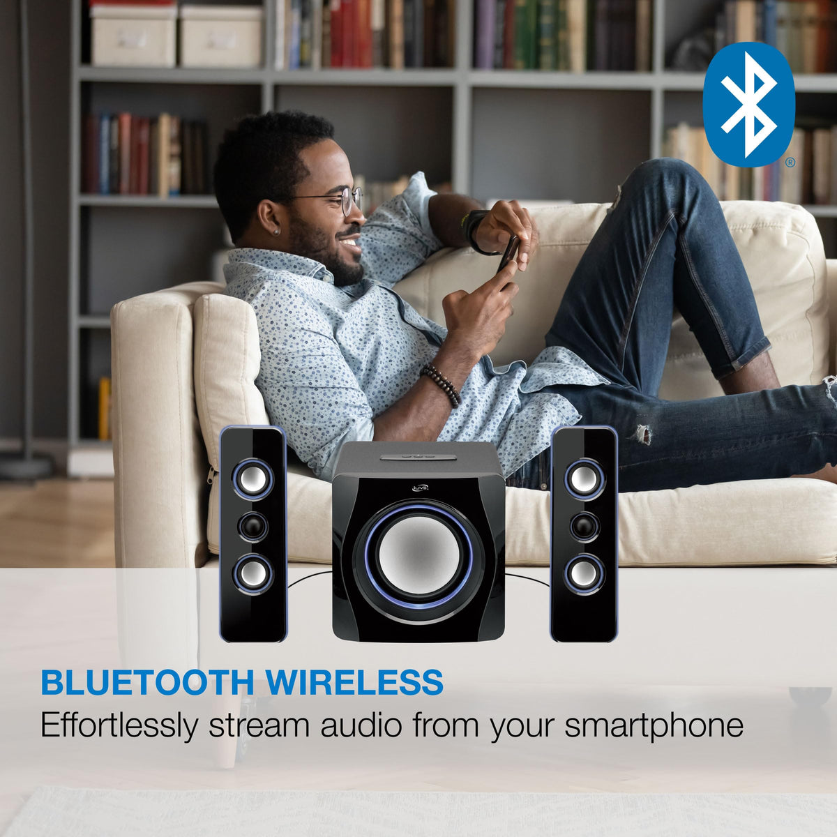 iLive HB23B three-speaker system delivers balanced stereo on a desk or shelf.