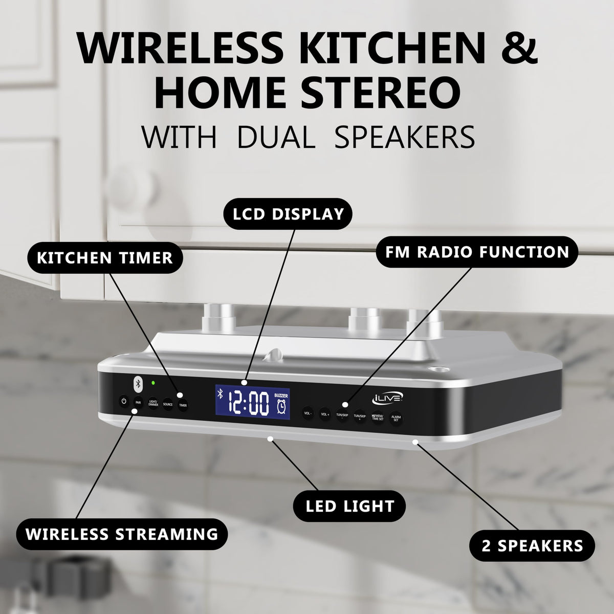 iLive under-cabinet radio Bluetooth pairing button enabling quick wireless setup