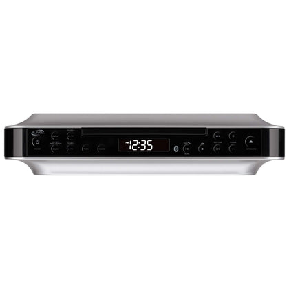 iLive under-cabinet radio front view with clock display for kitchen listening.