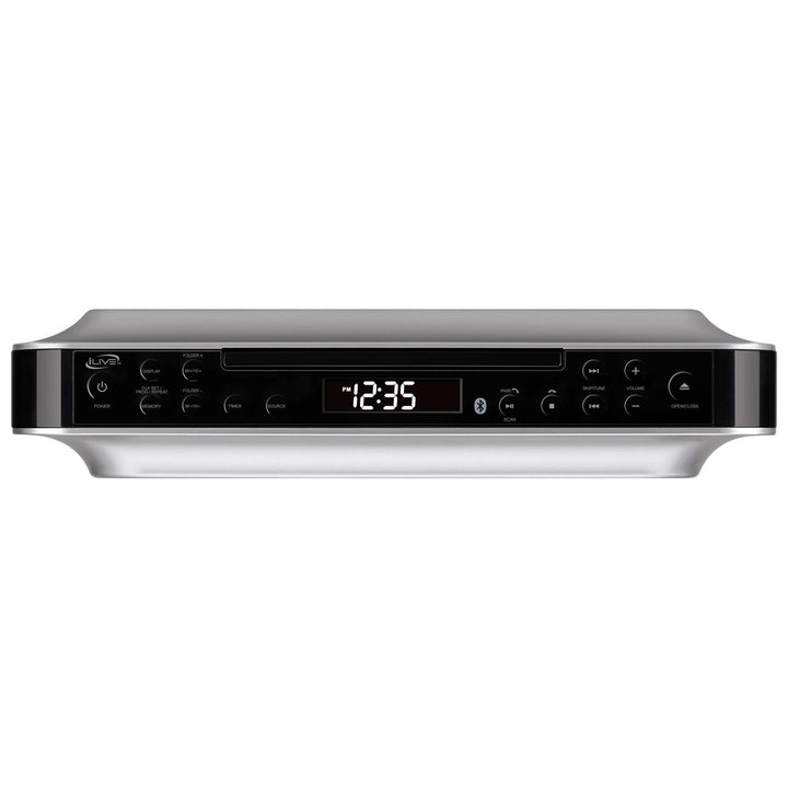 iLive under-cabinet radio front view with clock display for kitchen listening.