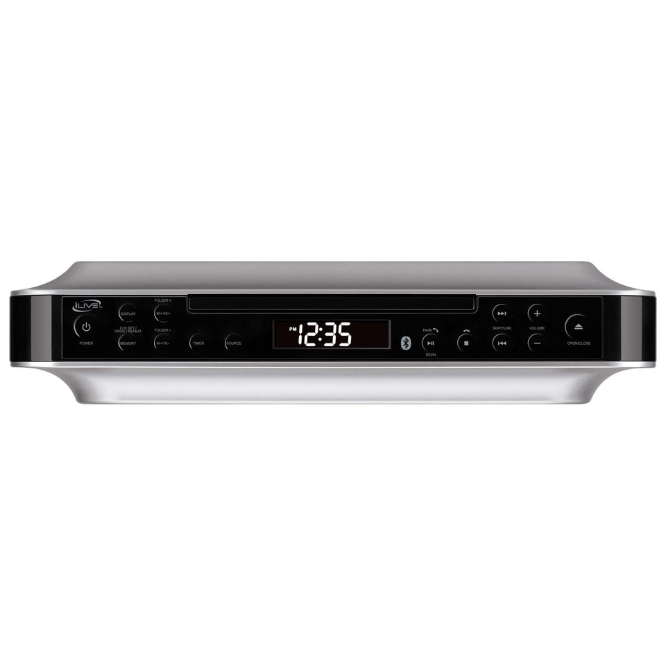 iLive under-cabinet radio front view with clock display for kitchen listening.