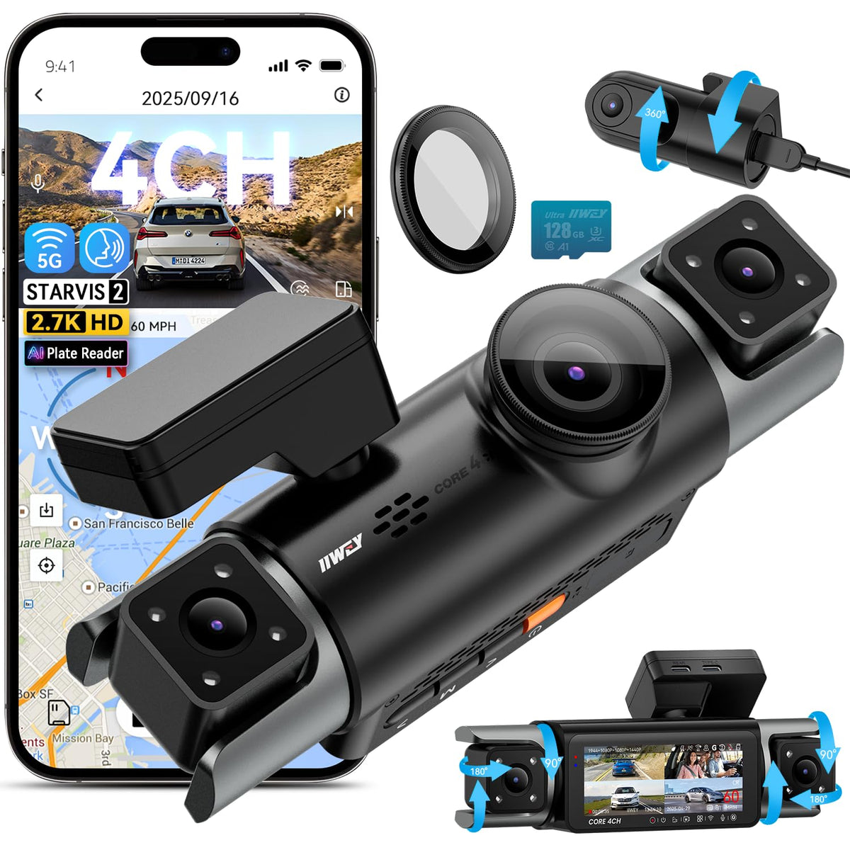 IIWEY C4 PRO 4-Channel Dash Cam 360° | 2.7K Front, 2K Rear, 1080P Side, AI Plate Reader, 5GHz WiFi