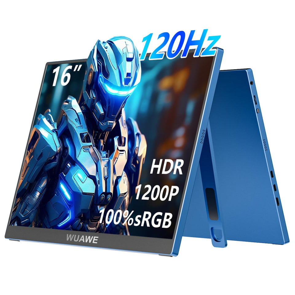 WUAWE 16" Portable Monitor 1920×1200 120Hz (Blue) — 100% sRGB, USB-C Single‑Cable