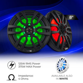 DS18 HYDRO NXL-8 - High End Coaxial Speaker Pair - 2-Way Marine Speaker w/Integrated RGB Lights - 375 Watt - 100% UV Stable - Water Resistant Speakers - 8 Inches, Black