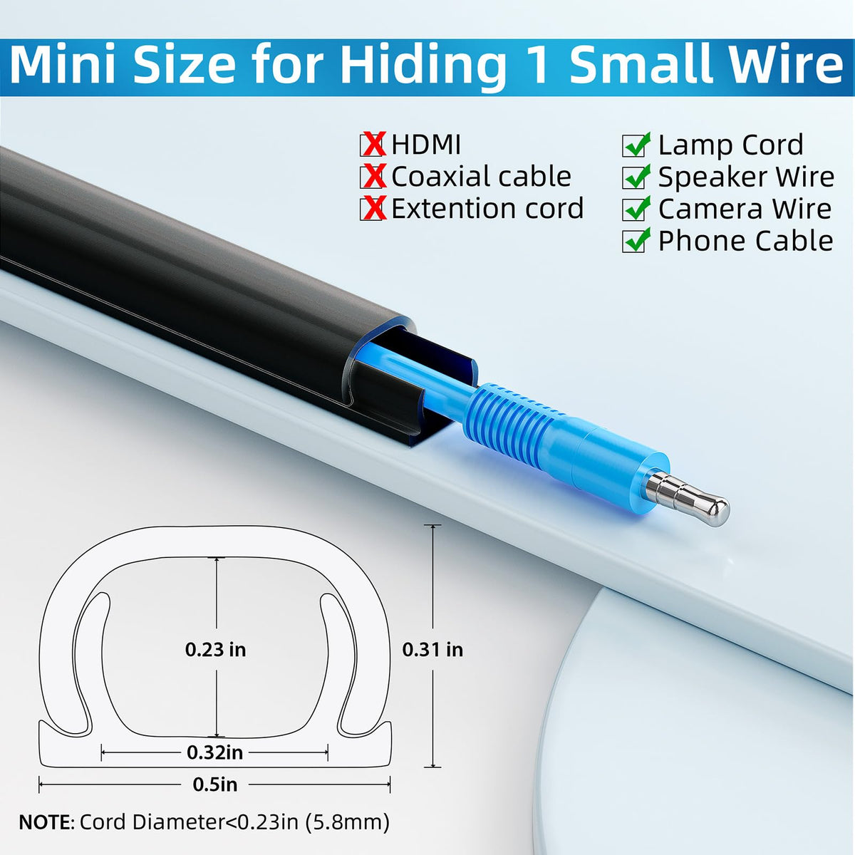 Yecaye 128in Wall Cord Hider — On-Wall Cable Concealer for Home & Office (Black)