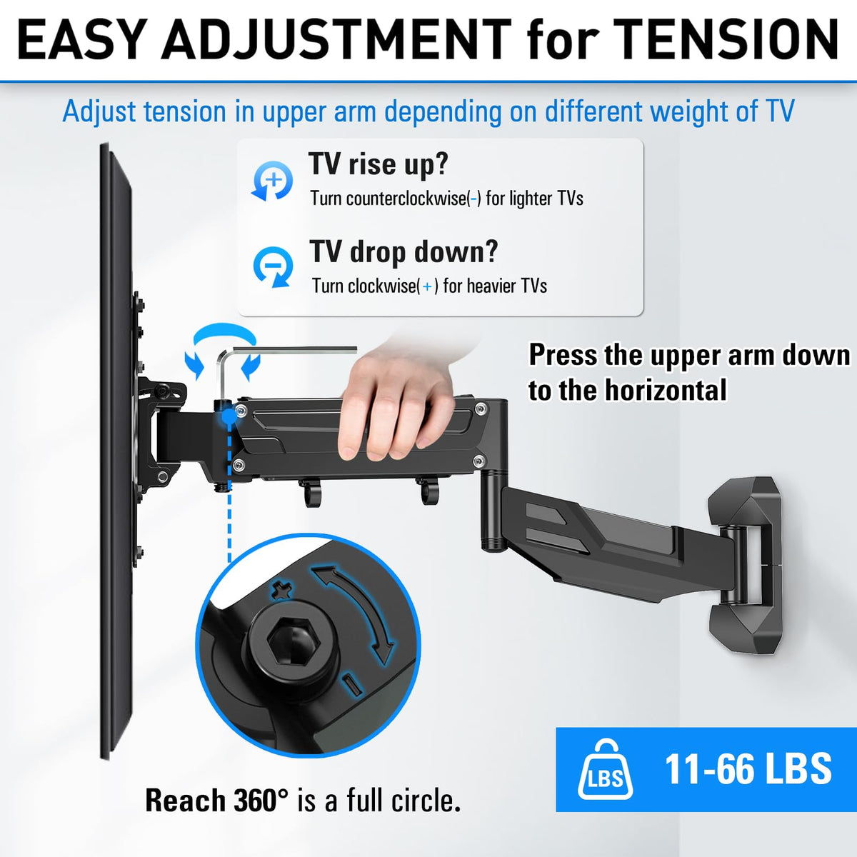 MountUp gas-spring full-motion bracket enables smooth, versatile TV placement.