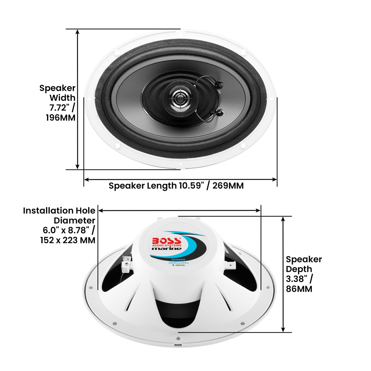 BOSS Audio Systems MR690 6x9 Inch Marine Speakers - 350 Watts Per Pair, Coaxial, 2 Way, Full Range, 4 Ohms, Weatherproof