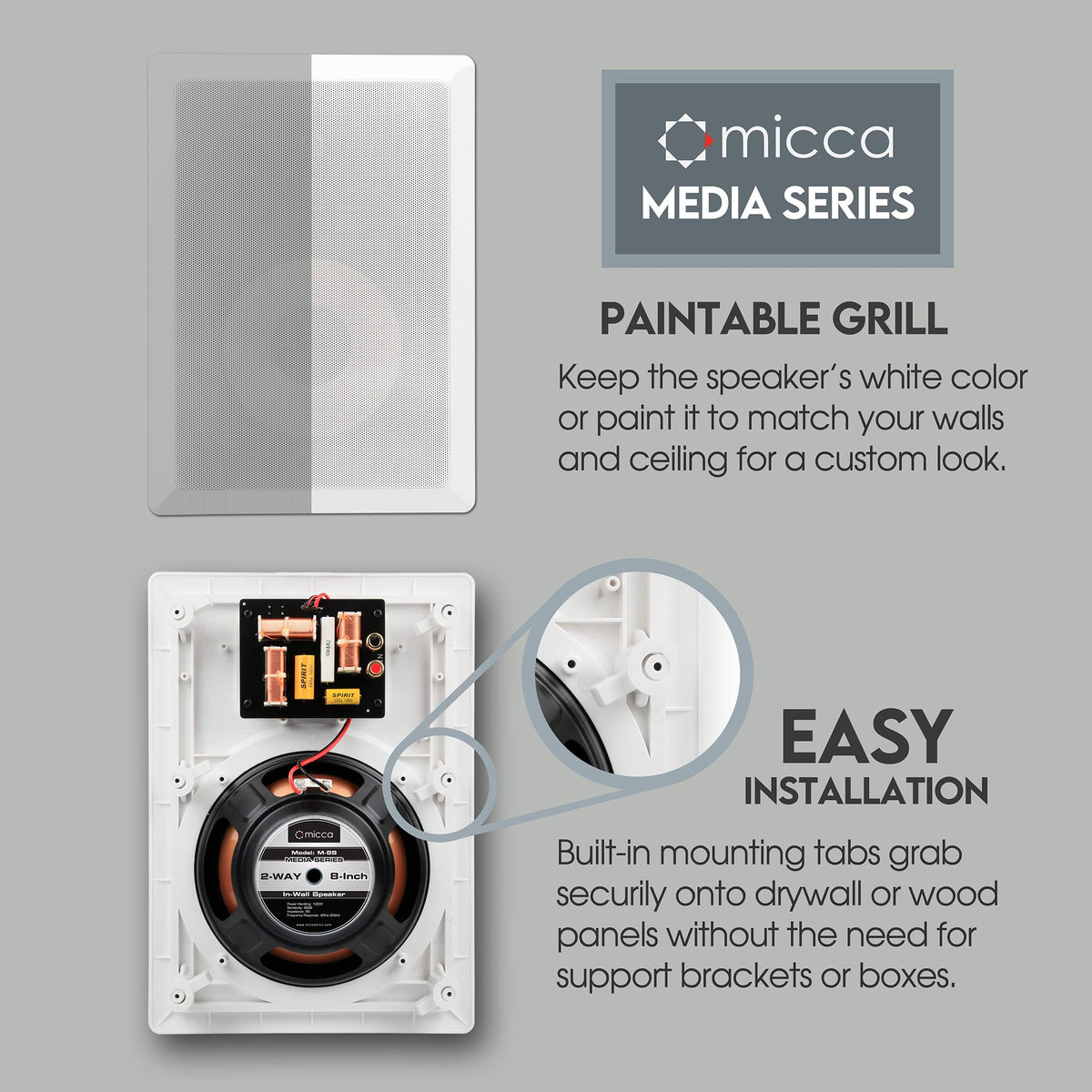 Micca M-8S 2-Way In-Wall Speaker – 8-Inch Woofer, 1-Inch Silk Dome Tweeter, Paintable White