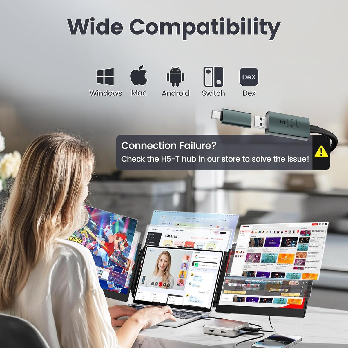 Teamgee 14-Inch Triple Portable Laptop Monitor | FHD 1080p IPS, Plug‑&‑Play USB-C/USB-A/HDMI