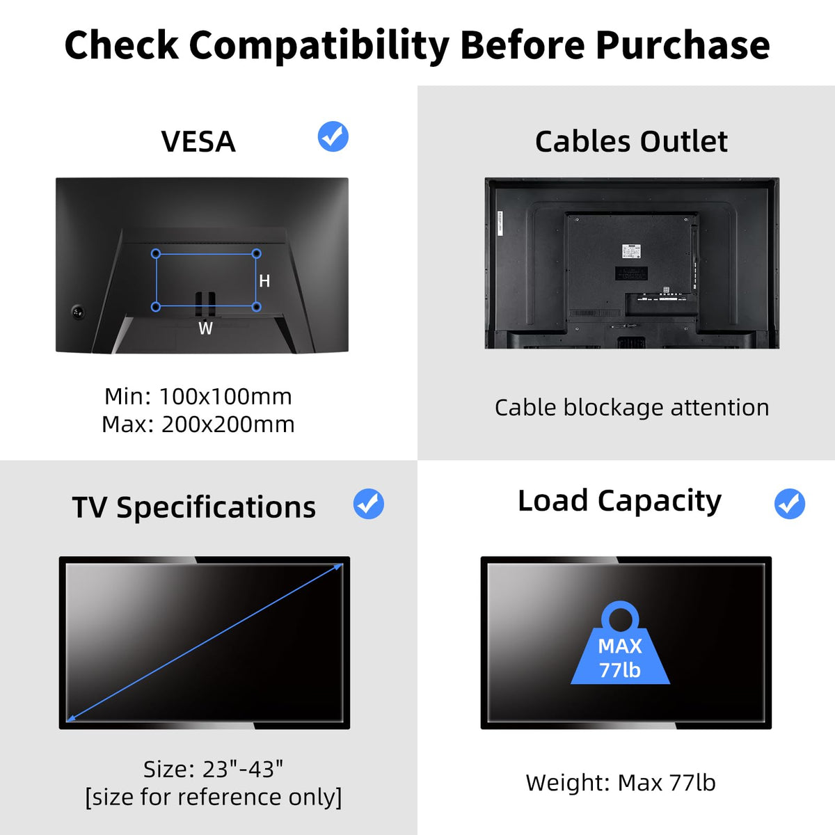 Suptek MC3260 Ceiling TV Mount for 23–43 Inch Displays | VESA 100x100-200x200 | Up to 77 lb