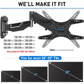 MountUp supports 26-55 inch TVs with VESA up to 400x400 mm.