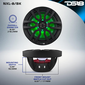 DS18 HYDRO NXL-8 - High End Coaxial Speaker Pair - 2-Way Marine Speaker w/Integrated RGB Lights - 375 Watt - 100% UV Stable - Water Resistant Speakers - 8 Inches, Black