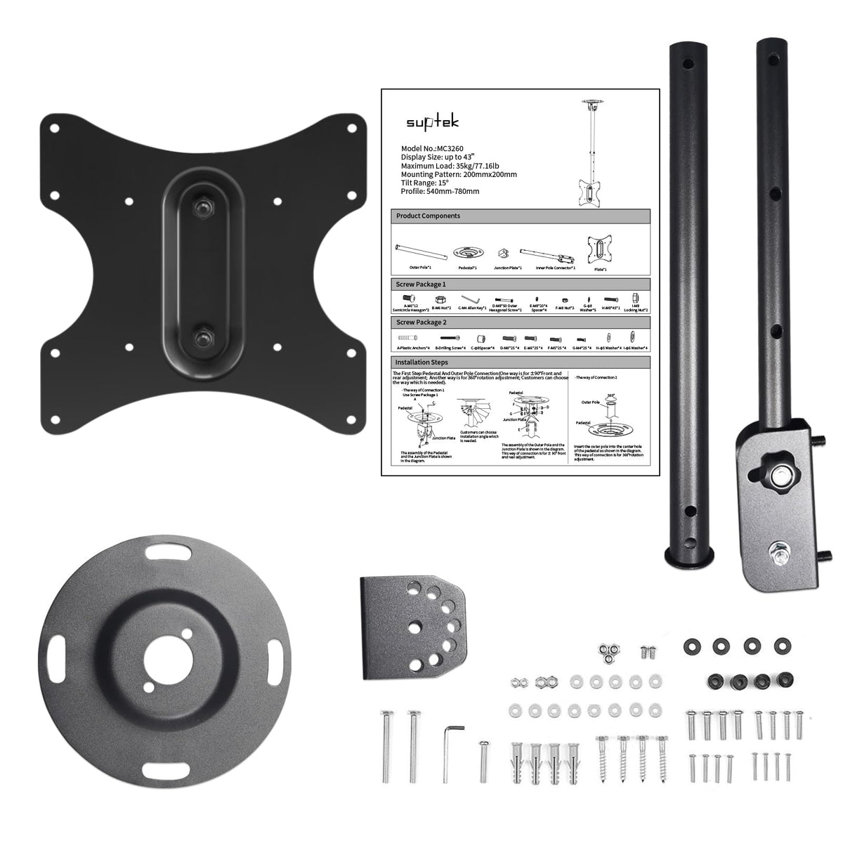 Suptek MC3260 Ceiling TV Mount for 23–43 Inch Displays | VESA 100x100-200x200 | Up to 77 lb