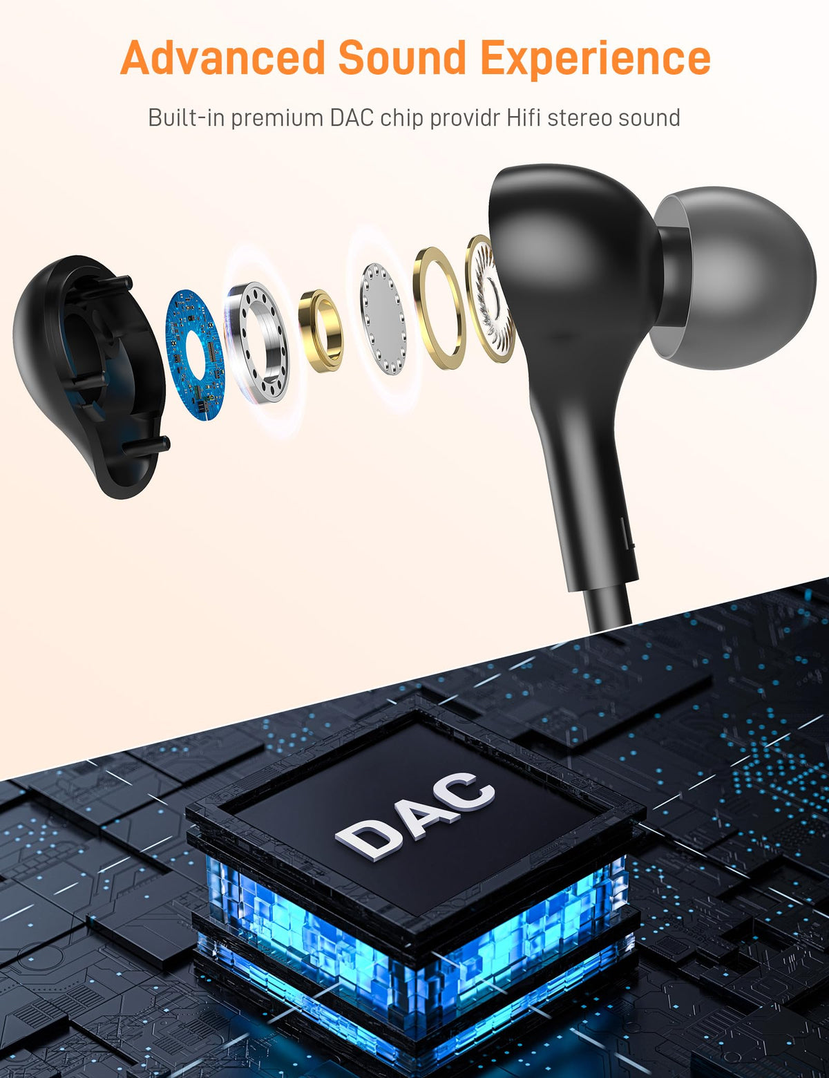 iMangoo earbud backside magnet closeup, prevents tangles and secures wear