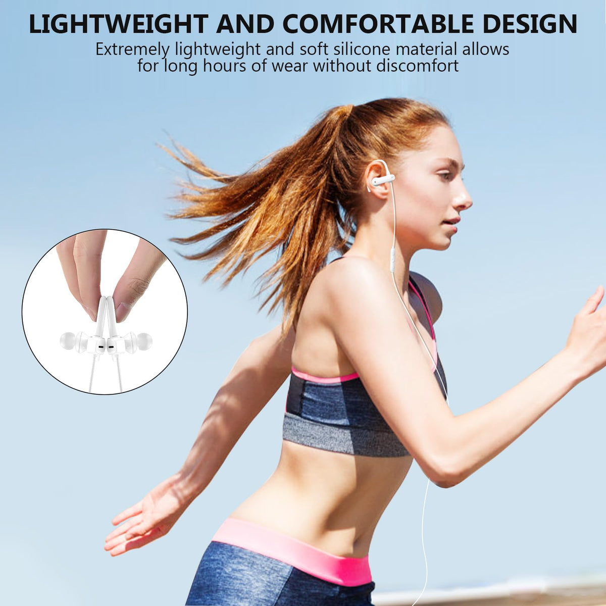 iMangoo earbuds worn by runner demonstrating stable fit during exercise