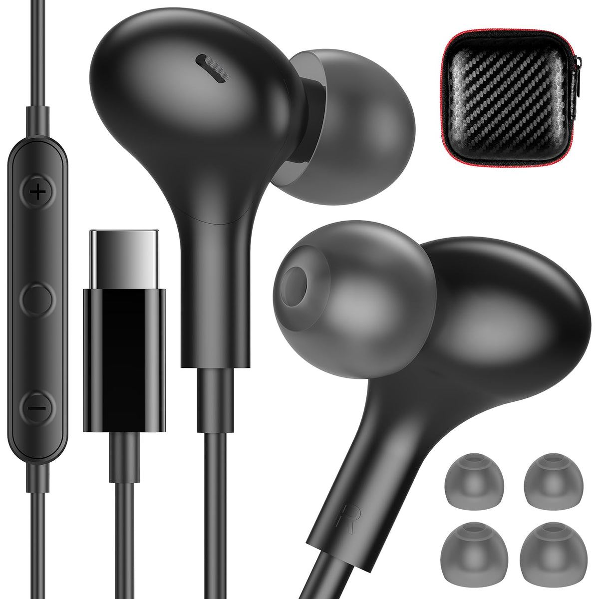 iMangoo front packaging showing earbuds and case, highlights portability