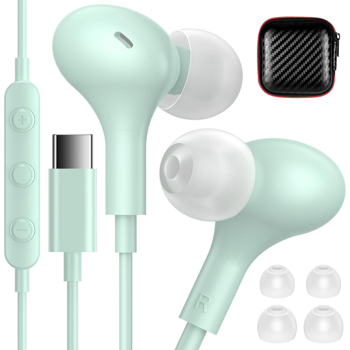 iMangoo front packaging in mint showing earbuds and case, clear product overview