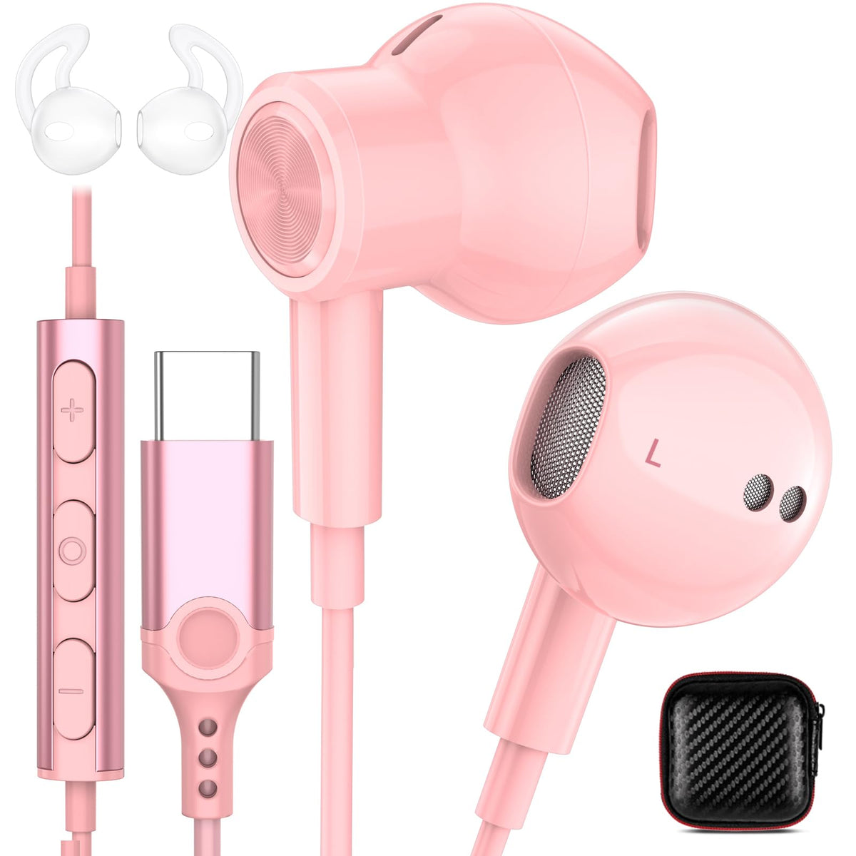 iMangoo front packaging in pink showing earbuds and features for quick identification