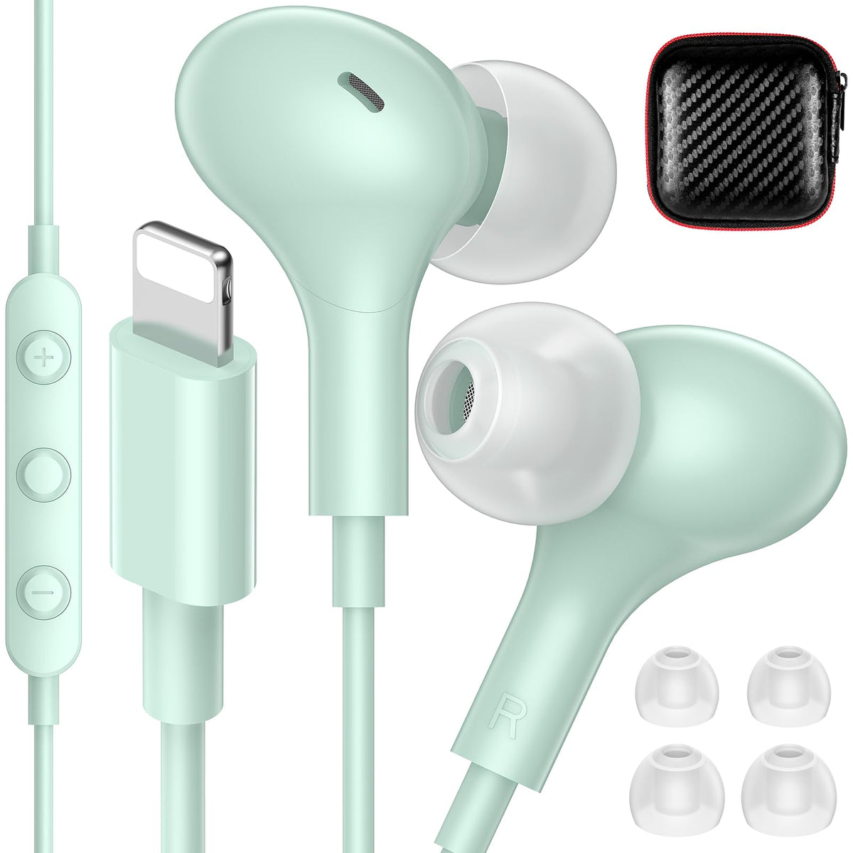 iMangoo mint wired Lightning earbuds with magnetic neck design for secure wear during workouts