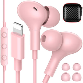 iMangoo pink Lightning wired earbuds—stable connection for iPhone on the go.