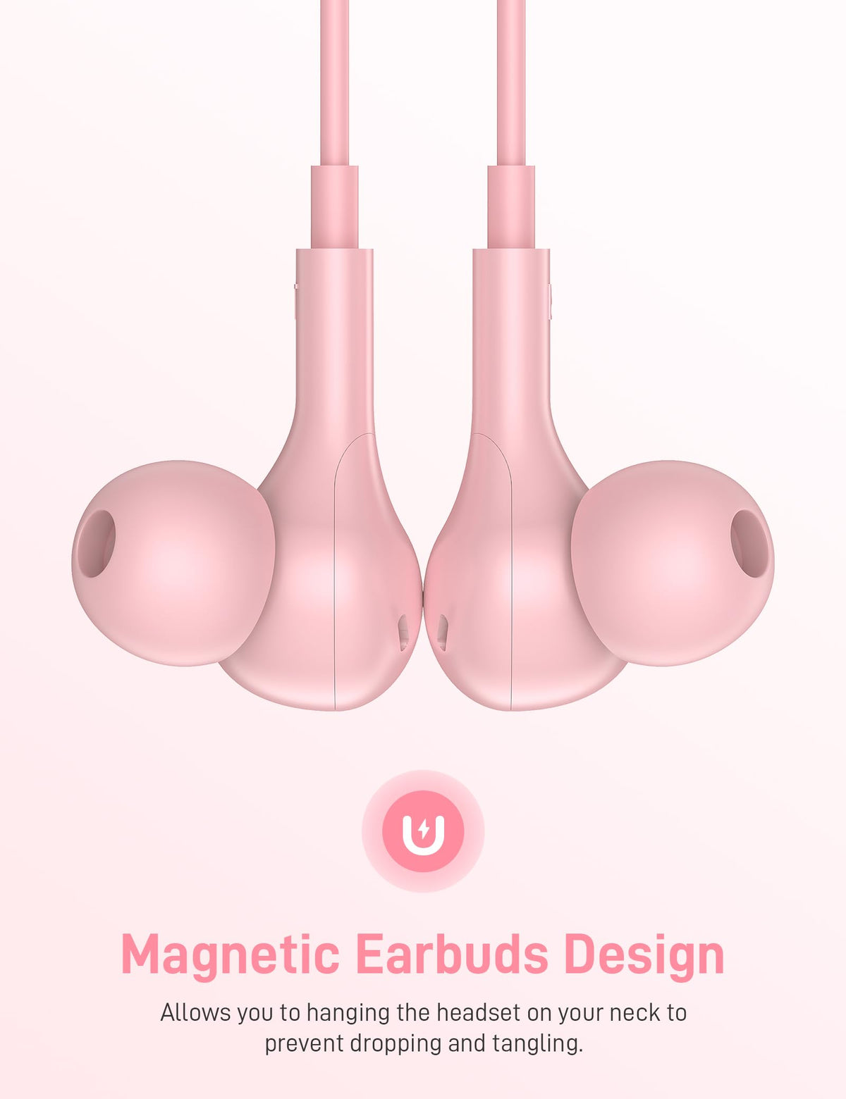 iMangoo pink neck magnets keep earbuds organized around the neck.