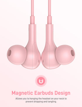 iMangoo pink neck magnets keep earbuds organized around the neck.