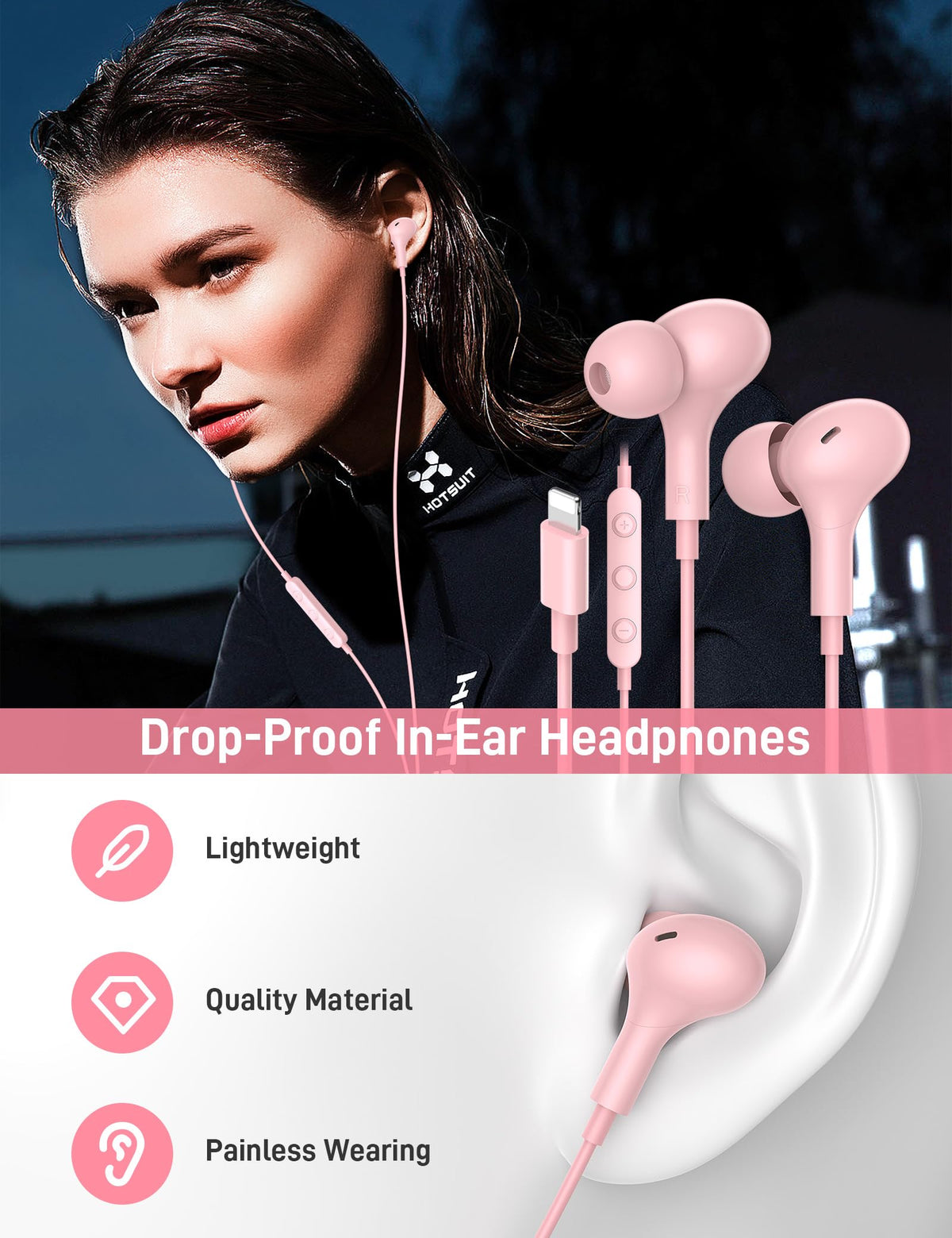 iMangoo pink three-size ear tips ensure secure fit and isolation.