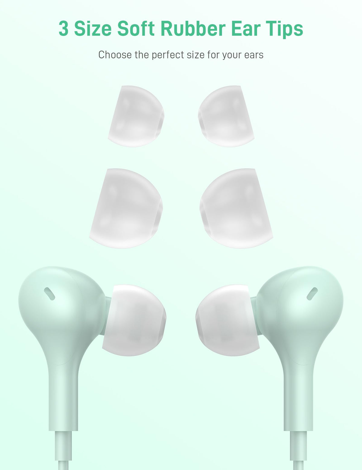 iMangoo three silicone ear tip sizes displayed to ensure secure, personalized fit