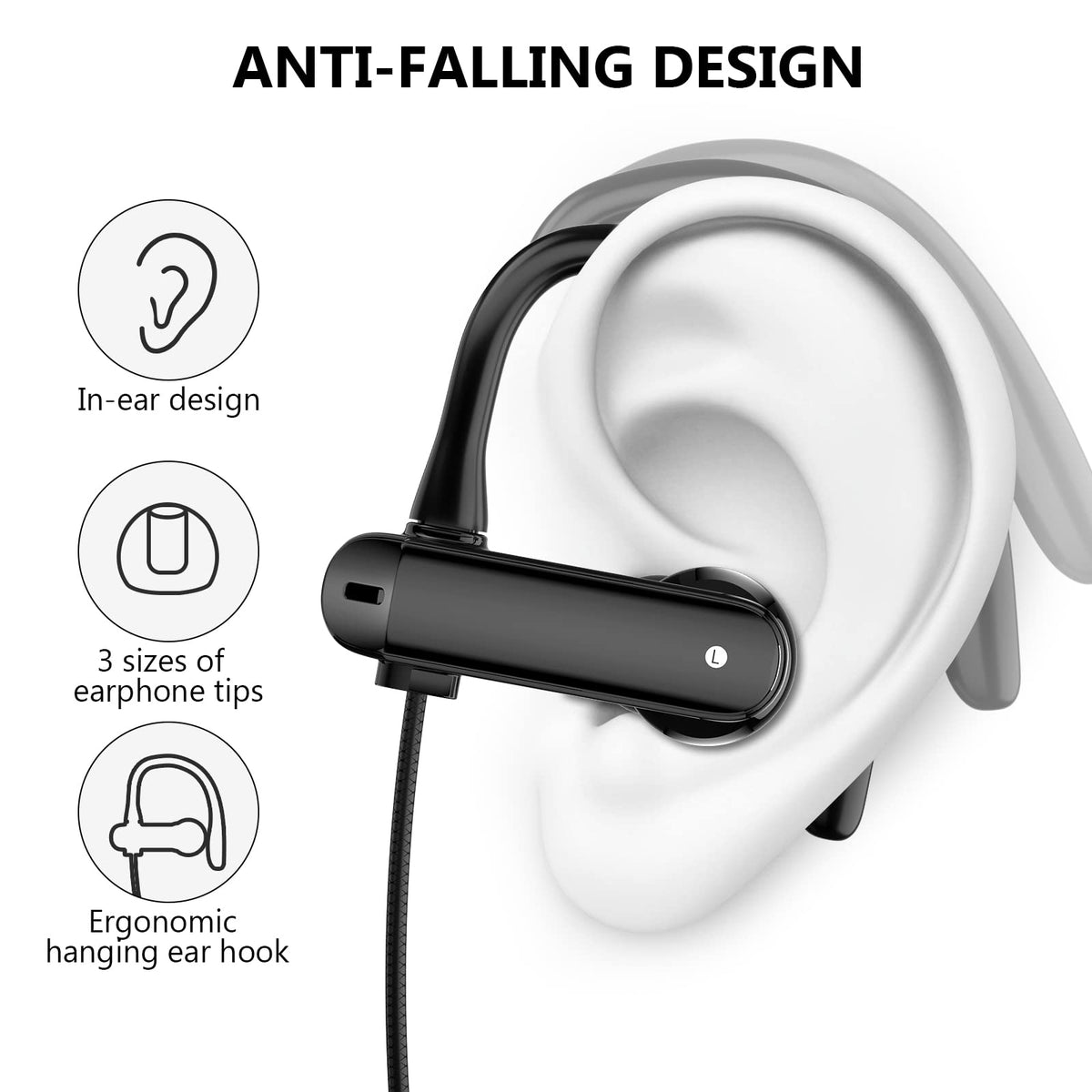 iMangoo earhook close-up demonstrating secure fit and comfort for workouts