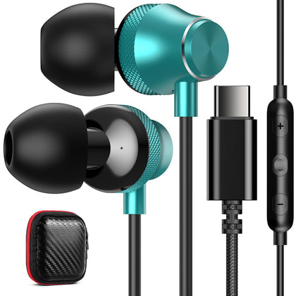 iMangoo front packaging showing green USB‑C earbuds and benefits