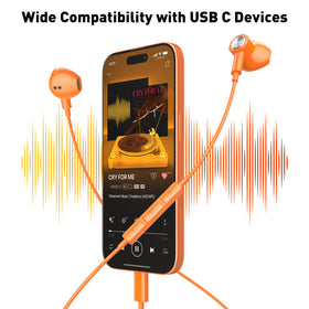 iMangoo USB-C headphones with magnetic earbuds preventing tangles and easy neck storage.