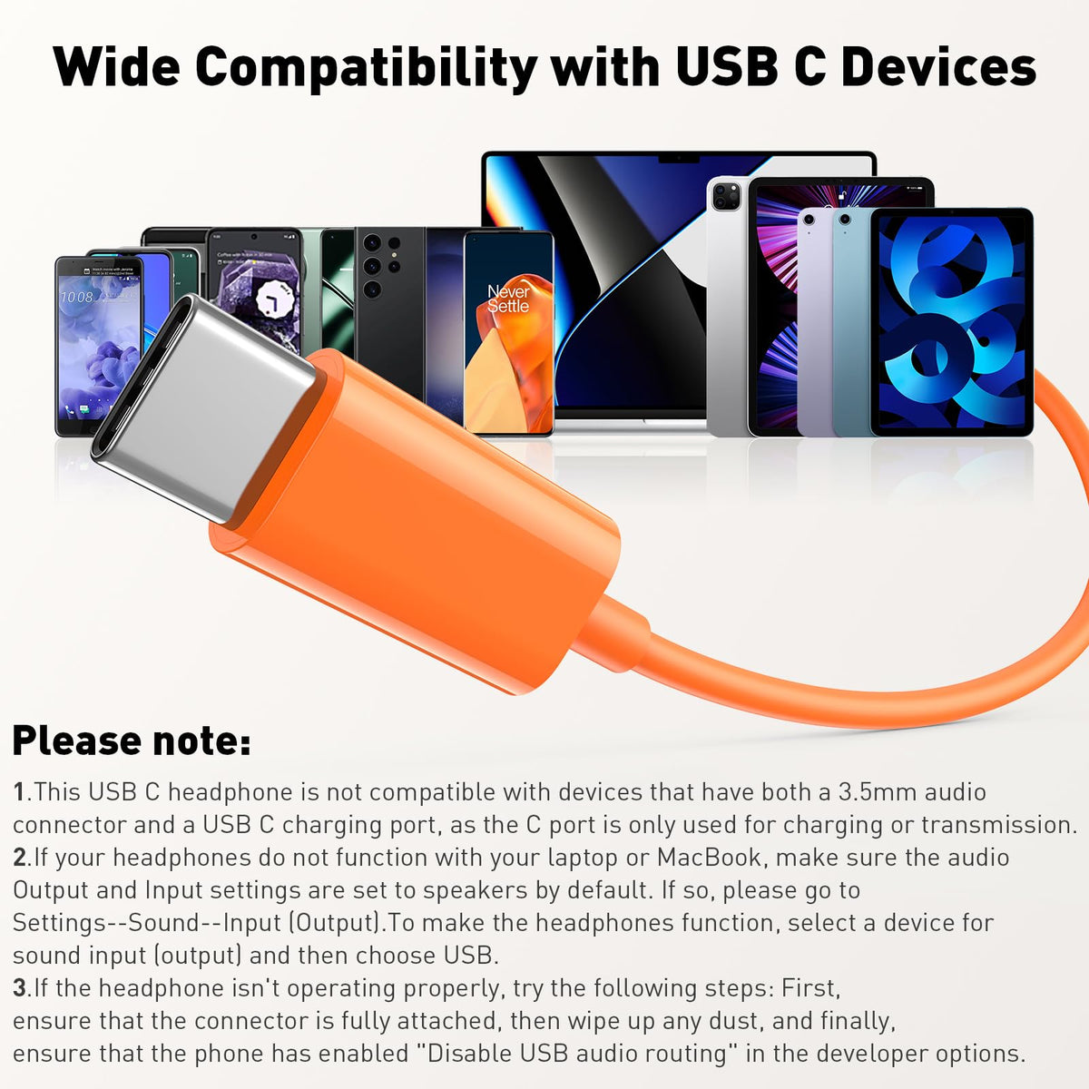 iMangoo USB-C headphones featuring metal-plated connectors for reliable connections.