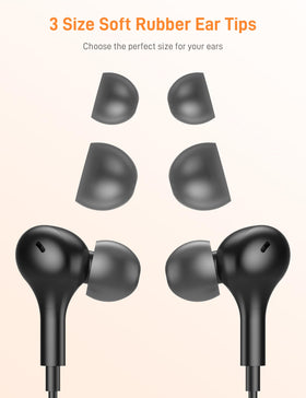 iMangoo earbuds worn around neck in lifestyle shot, keeps cords tidy