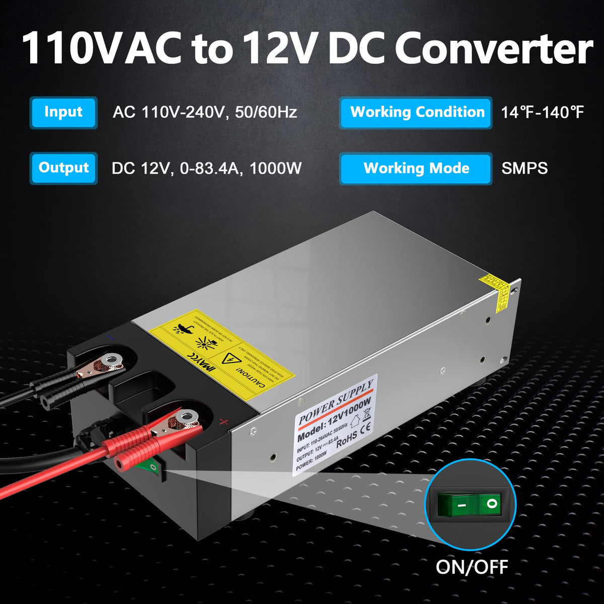 IMAYCC AC-DC converter back panel showing protection features for safe operation.