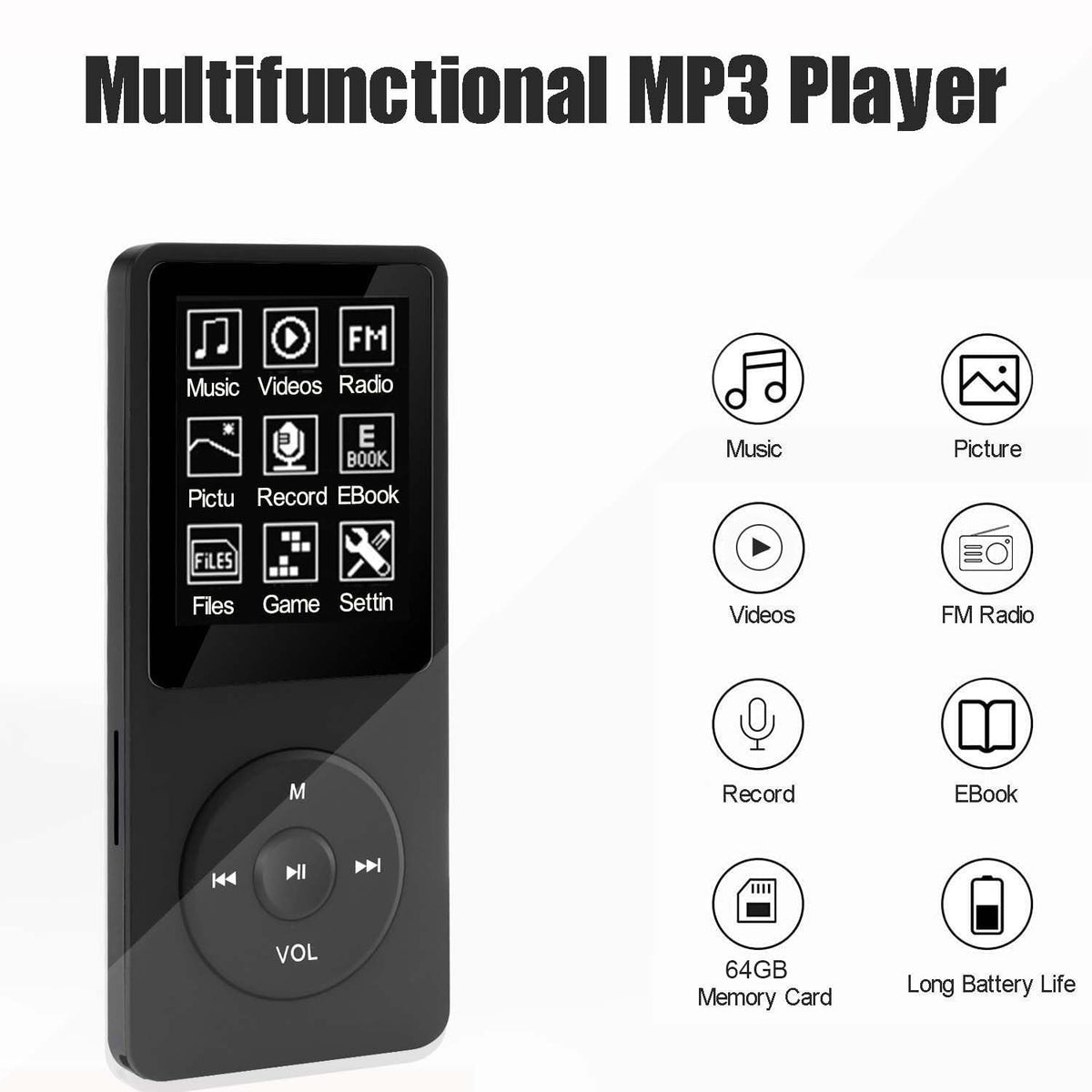 imkavery 64GB MP3 Player portable design fits small bags for travel.