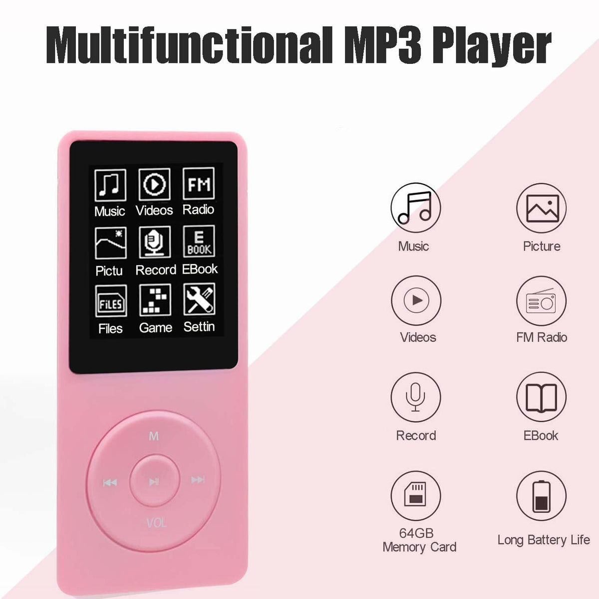 imkavery 64GB MP3 Player earphones and built-in speaker enabling flexible listening.