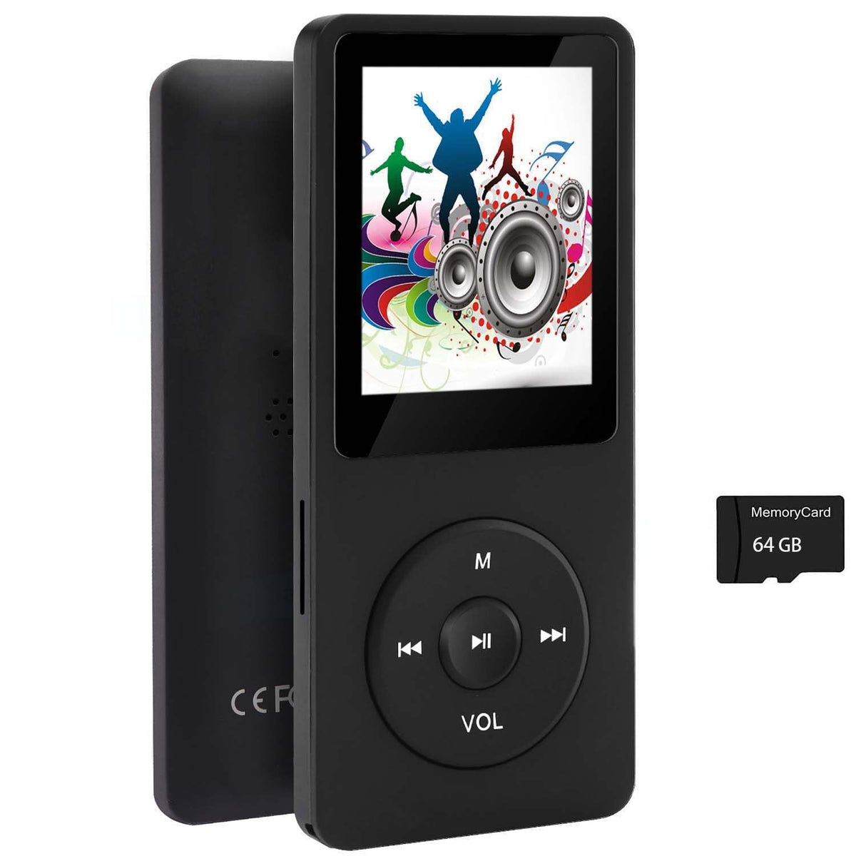 imkavery 64GB MP3 Player front view, compact and pocket-friendly for on-the-go listening.
