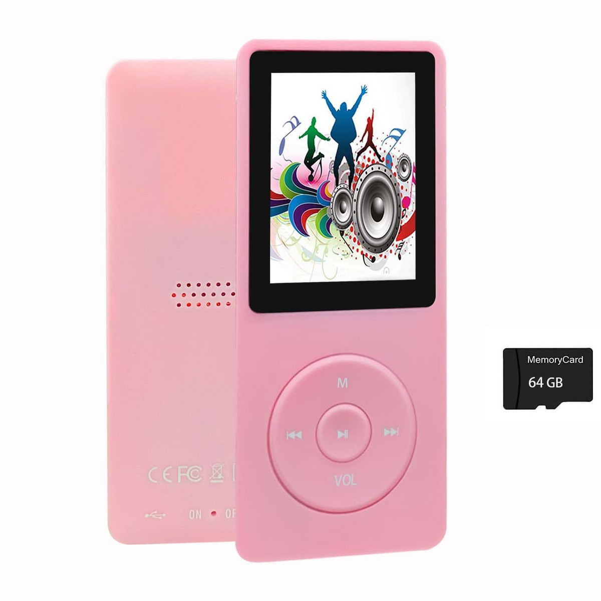 imkavery 64GB MP3 Player pink front view for portable listening on the go.
