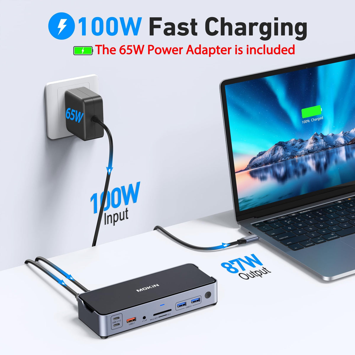 imokin 8K USB-C docking station power adapter included for laptop charging
