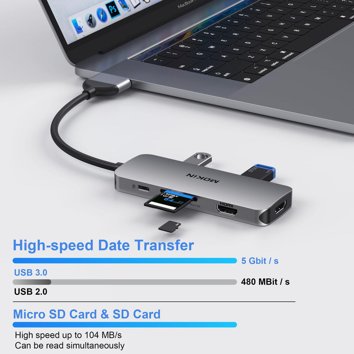 imokin three USB3.0 ports with external drive connected enabling fast 5Gbps transfers