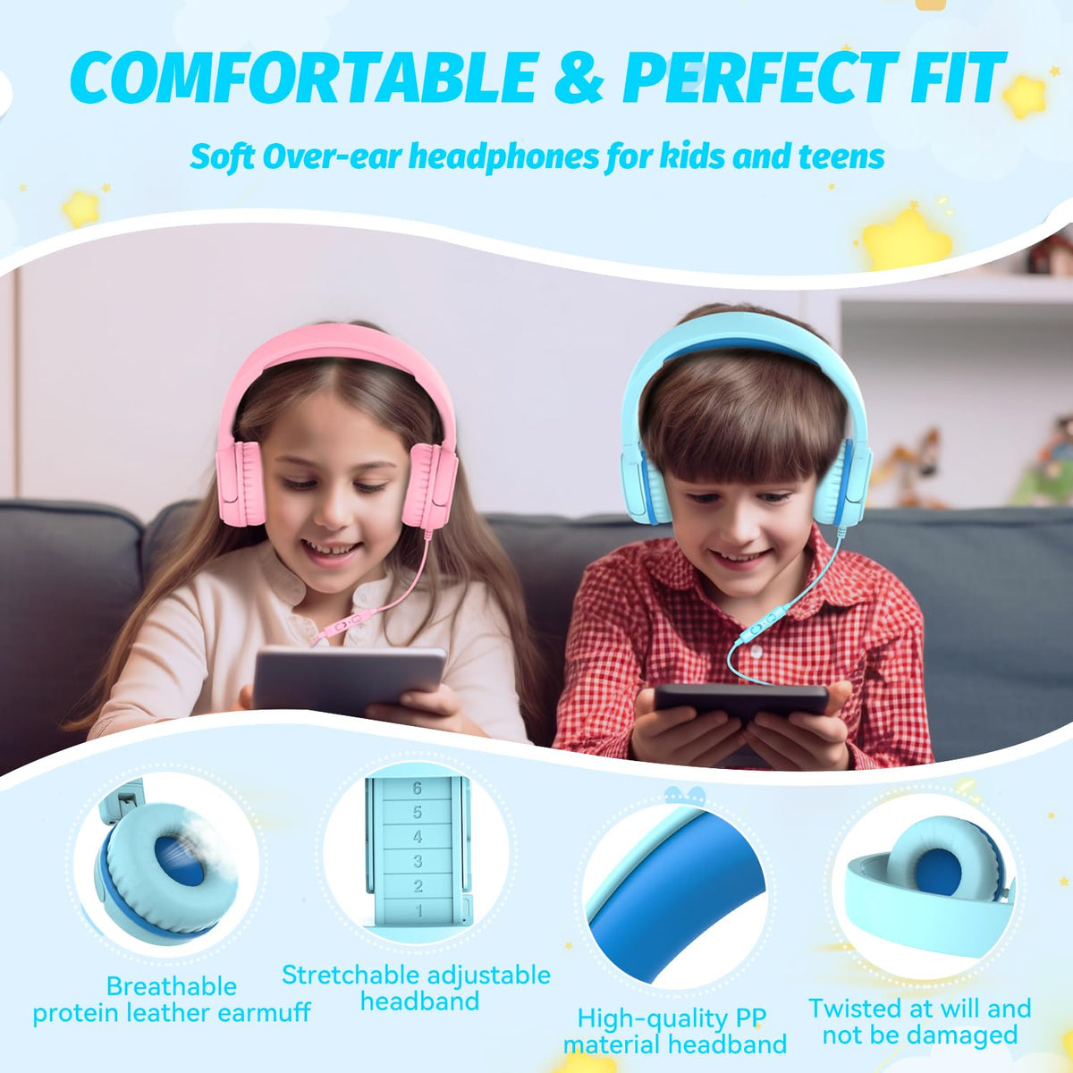IMYB Kids Headphones cyan school-ready for tablets and Chromebooks