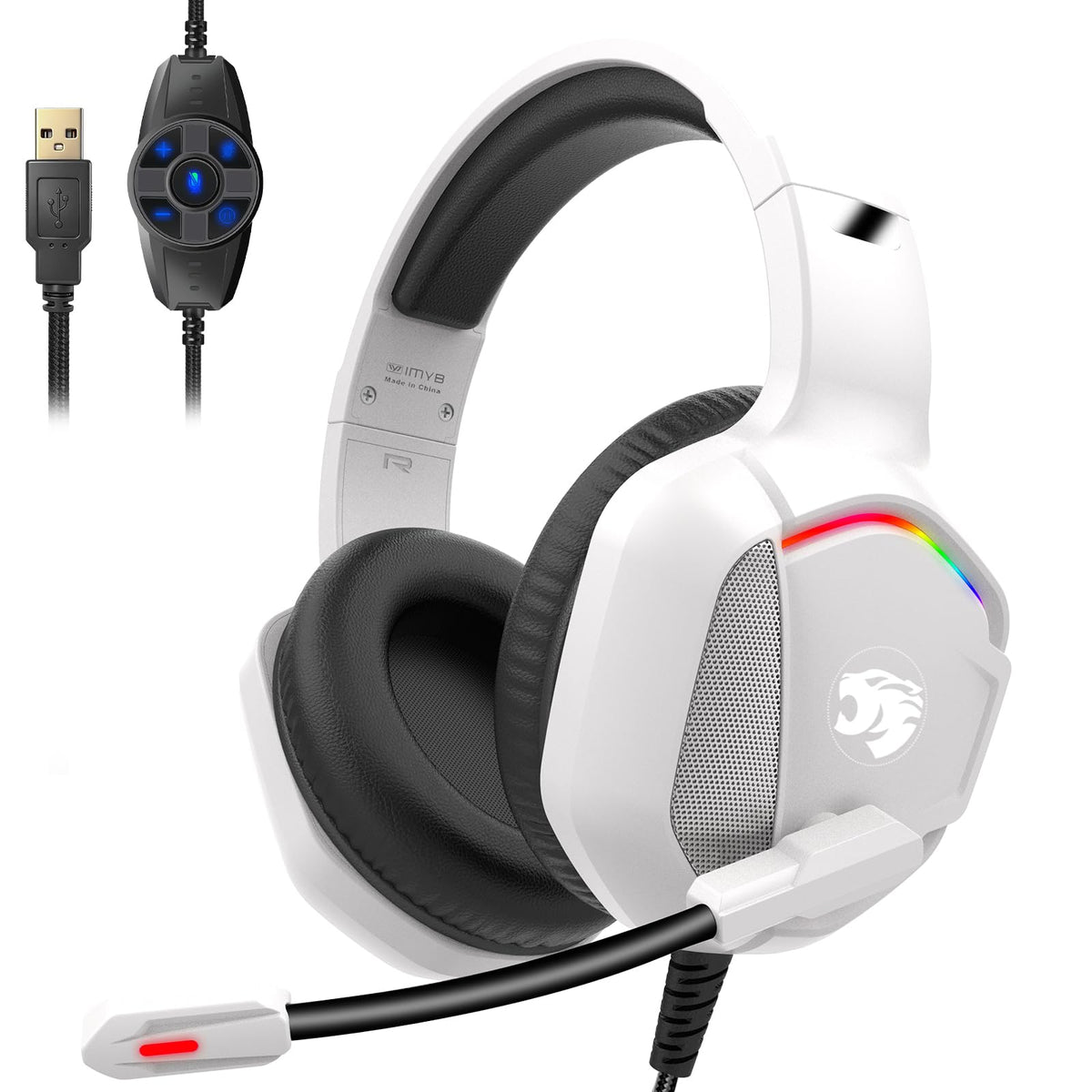 IMYB A36 gaming headset front view with LED lighting for immersive gaming
