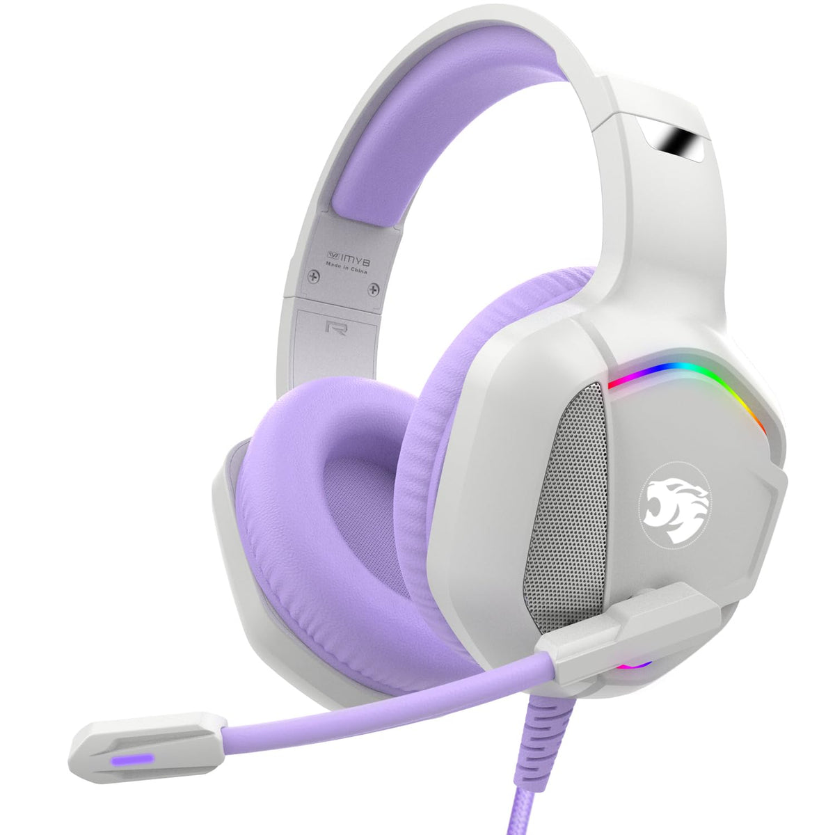 IMYB gaming headset front view with RGB glow for immersive ambience.