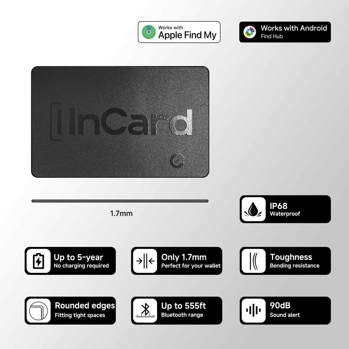 InCard Wallet Tracker emits clear 80dB alert to quickly locate items.