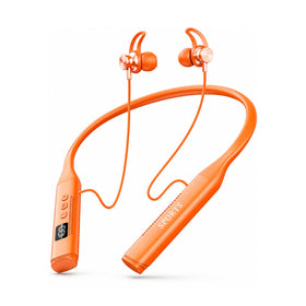 INDIVISO front view neckband showing sporty orange design and secure fit benefit