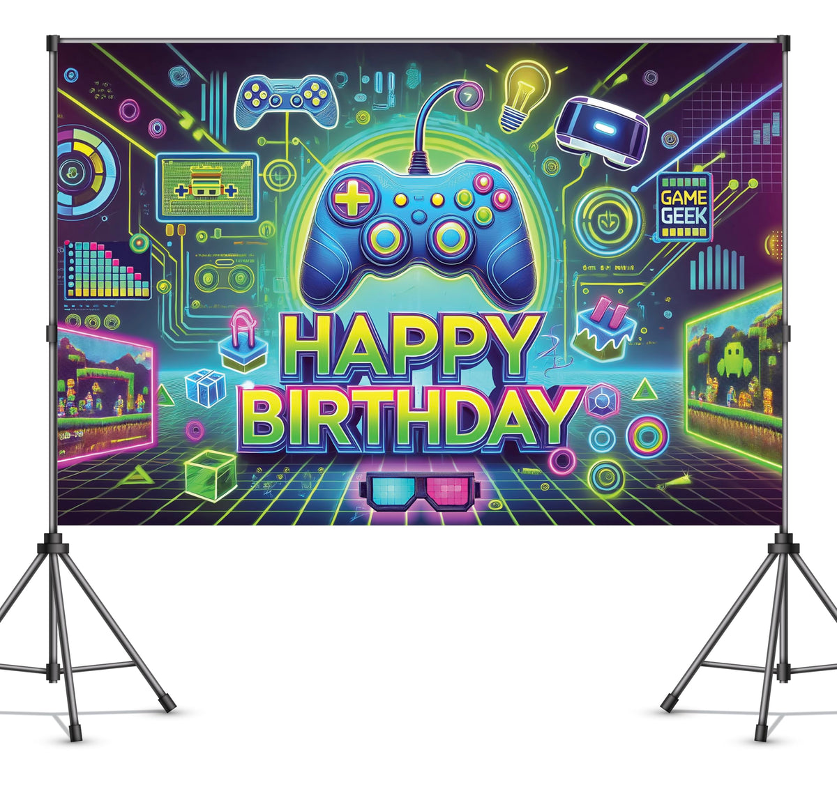 IndoTribe boys birthday banner Game On draws attention to cake tables and gifts.