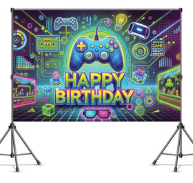 IndoTribe boys birthday banner Game On draws attention to cake tables and gifts.